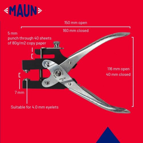 Maun Heavy Duty Hole Puncher & Eyelet Pliers 160mm (4mm) – 2-in-1 Punch & Eyelet Fixing Tool for Leather & Card