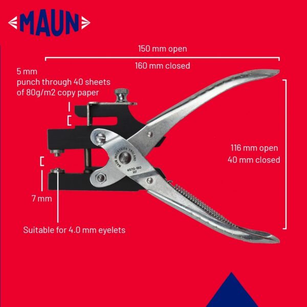 Maun Heavy Duty Hole Puncher & Eyelet Pliers 160mm (4mm) – 2-in-1 Punch & Eyelet Fixing Tool for Leather & Card