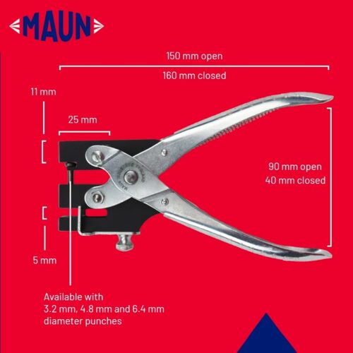 Maun Heavy Duty Hole Punch Pliers 160mm (3.2-6.4mm) – 7X Force Precision Punch for Card, Plastic & Shim Steel