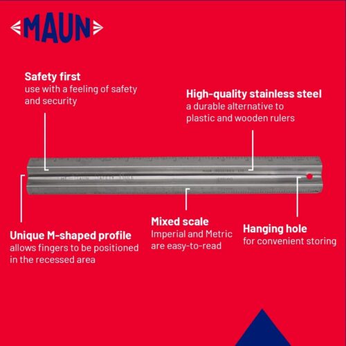 Maun Metal Safety Rule 12″ (Imperial/Metric) – Stainless Steel M-Shaped Cutting Ruler for Craft, Model Making & Design