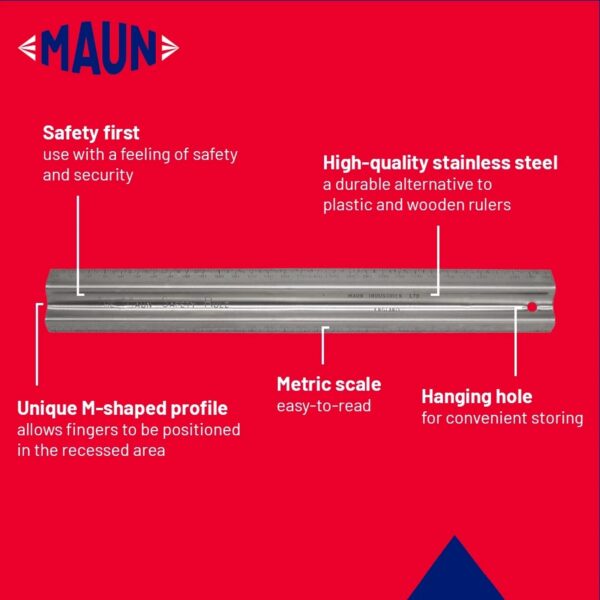 Maun Metal Safety Rule 300mm (Metric) – Stainless Steel M-Shaped Cutting Ruler for Craft, Model Making & Design