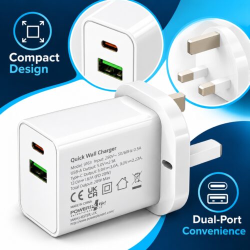PowerPlus 20W USB Plug-In Wall Charger (White, UK 3-Pin, Ref. 9163) – USB-C PD Fast Charging & USB-A Port for Phones & Tablets 19 PowerPlus 20W USB Plug-In Wall Charger (White, UK 3-Pin, Ref. 9163) – USB-C PD Fast Charging & USB-A Port for Phones & Tablets - Image 10