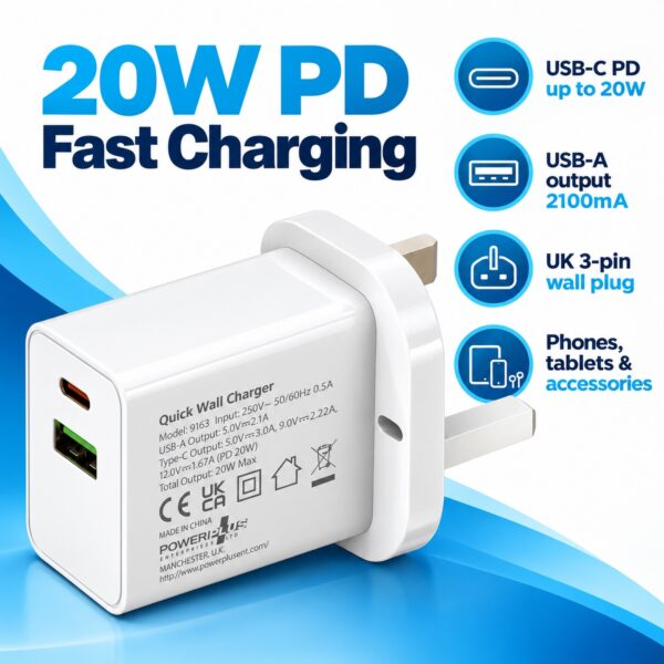 PowerPlus 20W USB Plug-In Wall Charger (White, UK 3-Pin, Ref. 9163) – USB-C PD Fast Charging & USB-A Port for Phones & Tablets 1 PWP 1170 2