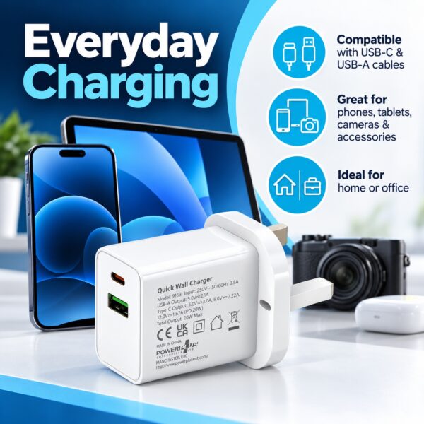 PowerPlus 20W USB Plug-In Wall Charger (White, UK 3-Pin, Ref. 9163) – USB-C PD Fast Charging & USB-A Port for Phones & Tablets 3 PWP 1170 4