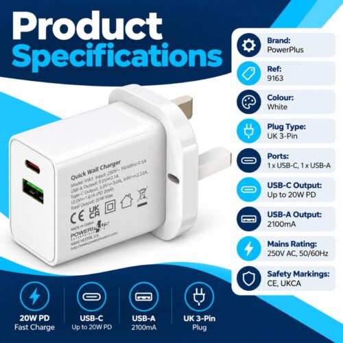 PowerPlus 20W USB Plug-In Wall Charger (White, UK 3-Pin, Ref. 9163) – USB-C PD Fast Charging & USB-A Port for Phones & Tablets 15 PowerPlus 20W USB Plug-In Wall Charger (White, UK 3-Pin, Ref. 9163) – USB-C PD Fast Charging & USB-A Port for Phones & Tablets - Image 6