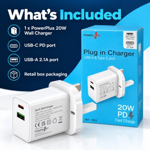 PowerPlus 20W USB Plug-In Wall Charger (White, UK 3-Pin, Ref. 9163) – USB-C PD Fast Charging & USB-A Port for Phones & Tablets 17 PowerPlus 20W USB Plug-In Wall Charger (White, UK 3-Pin, Ref. 9163) – USB-C PD Fast Charging & USB-A Port for Phones & Tablets - Image 8