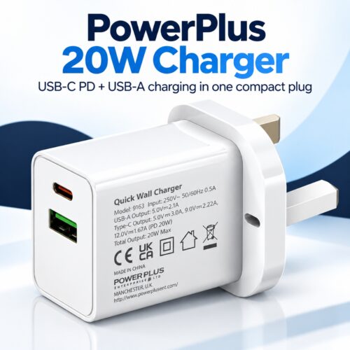 PowerPlus 20W USB Plug-In Wall Charger (White, UK 3-Pin, Ref. 9163) – USB-C PD Fast Charging & USB-A Port for Phones & Tablets 18 PowerPlus 20W USB Plug-In Wall Charger (White, UK 3-Pin, Ref. 9163) – USB-C PD Fast Charging & USB-A Port for Phones & Tablets - Image 9