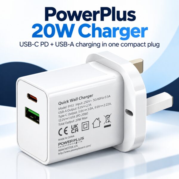 PowerPlus 20W USB Plug-In Wall Charger (White, UK 3-Pin, Ref. 9163) – USB-C PD Fast Charging & USB-A Port for Phones & Tablets 8 PWP 1170 9