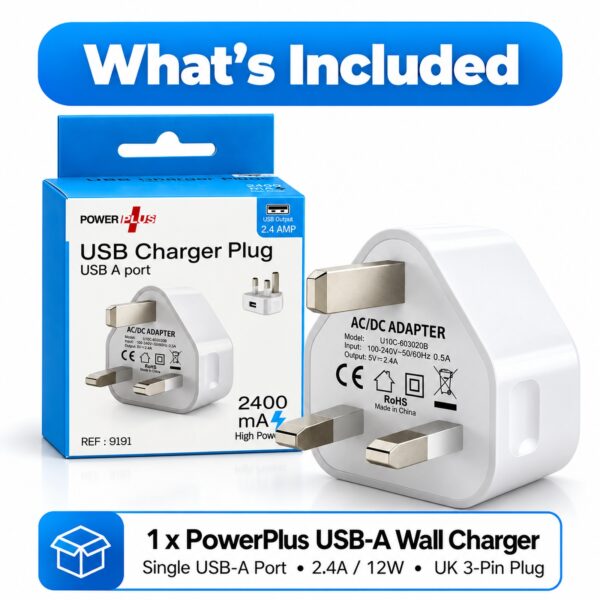PowerPlus USB-A Wall Charger Plug (White, 2.4A, Ref. 9191) – 12W UK 3-Pin Mains Adapter for Phones, Tablets & USB Devices 9 PWP 3006 10