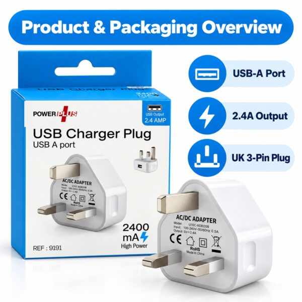 PowerPlus USB-A Wall Charger Plug (White, 2.4A, Ref. 9191) – 12W UK 3-Pin Mains Adapter for Phones, Tablets & USB Devices 2 PWP 3006 3