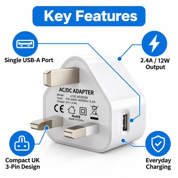 PowerPlus USB-A Wall Charger Plug (White, 2.4A, Ref. 9191) – 12W UK 3-Pin Mains Adapter for Phones, Tablets & USB Devices 3 PWP 3006 4