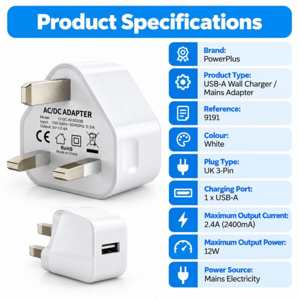 PowerPlus USB-A Wall Charger Plug (White, 2.4A, Ref. 9191) – 12W UK 3-Pin Mains Adapter for Phones, Tablets & USB Devices 4 PWP 3006 5