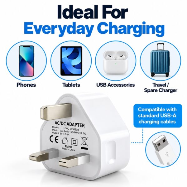 PowerPlus USB-A Wall Charger Plug (White, 2.4A, Ref. 9191) – 12W UK 3-Pin Mains Adapter for Phones, Tablets & USB Devices 5 PWP 3006 6
