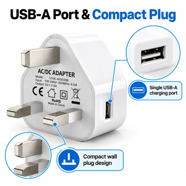 PowerPlus USB-A Wall Charger Plug (White, 2.4A, Ref. 9191) – 12W UK 3-Pin Mains Adapter for Phones, Tablets & USB Devices 6 PWP 3006 7