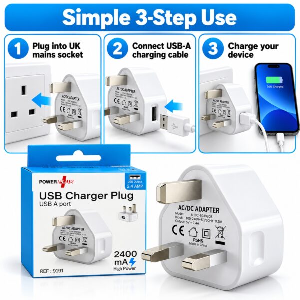 PowerPlus USB-A Wall Charger Plug (White, 2.4A, Ref. 9191) – 12W UK 3-Pin Mains Adapter for Phones, Tablets & USB Devices 8 PWP 3006 9