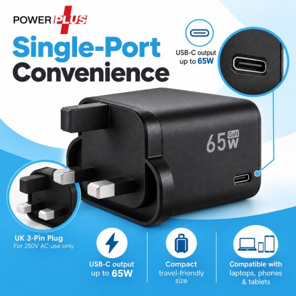 PowerPlus 65W USB-C Wall Charger (Black, UK 3-Pin, Ref. 9194) – GaN PD Fast Charging Plug for Laptops, Phones & Tablets 9 PWP 3037 10