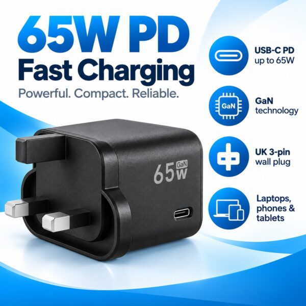 PowerPlus 65W USB-C Wall Charger (Black, UK 3-Pin, Ref. 9194) – GaN PD Fast Charging Plug for Laptops, Phones & Tablets 1 PWP 3037 2