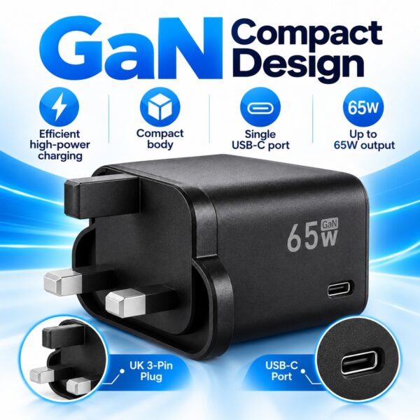 PowerPlus 65W USB-C Wall Charger (Black, UK 3-Pin, Ref. 9194) – GaN PD Fast Charging Plug for Laptops, Phones & Tablets 2 PWP 3037 3