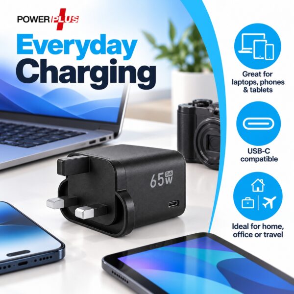 PowerPlus 65W USB-C Wall Charger (Black, UK 3-Pin, Ref. 9194) – GaN PD Fast Charging Plug for Laptops, Phones & Tablets 3 PWP 3037 4